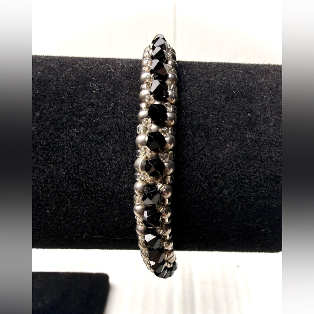 Vintage Black Faceted Beaded Crystal Glass Braided Bracelet Silver Tone French‎